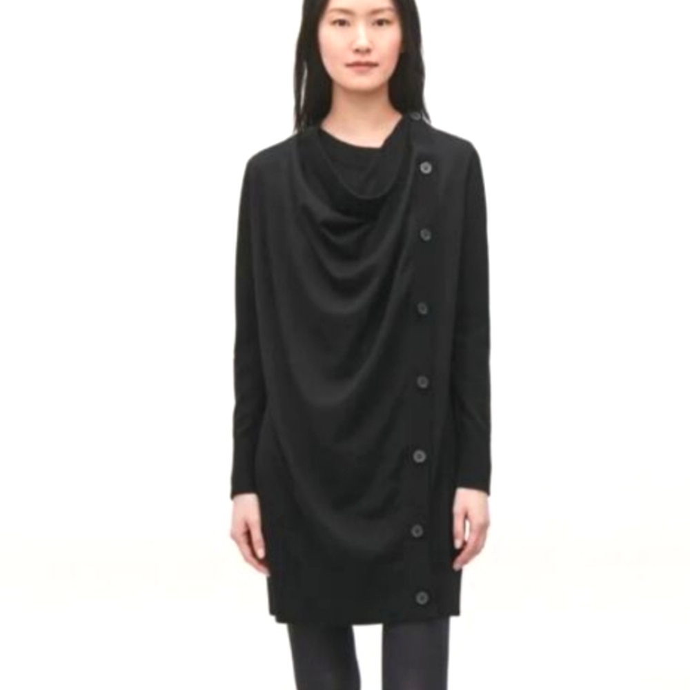 Cos Black Merino Wool Draped Button Long Sleeve D… - image 1